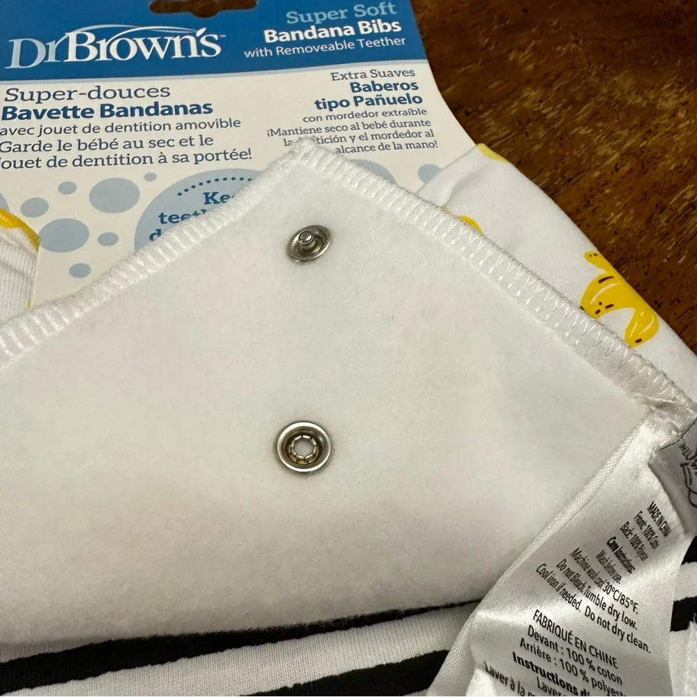 NEW- Dr. Brown's Banana Print Set of Bandana Bibs W/Attachable Silicone Teether